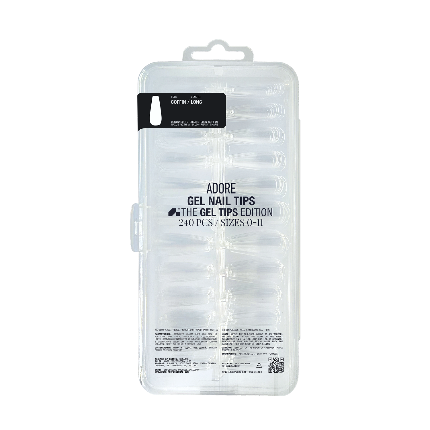 гелеві тіпси для нарощування нігтів ADORE PROFESSIONAL Gel Nail Tips 240шт - COFFIN | long  