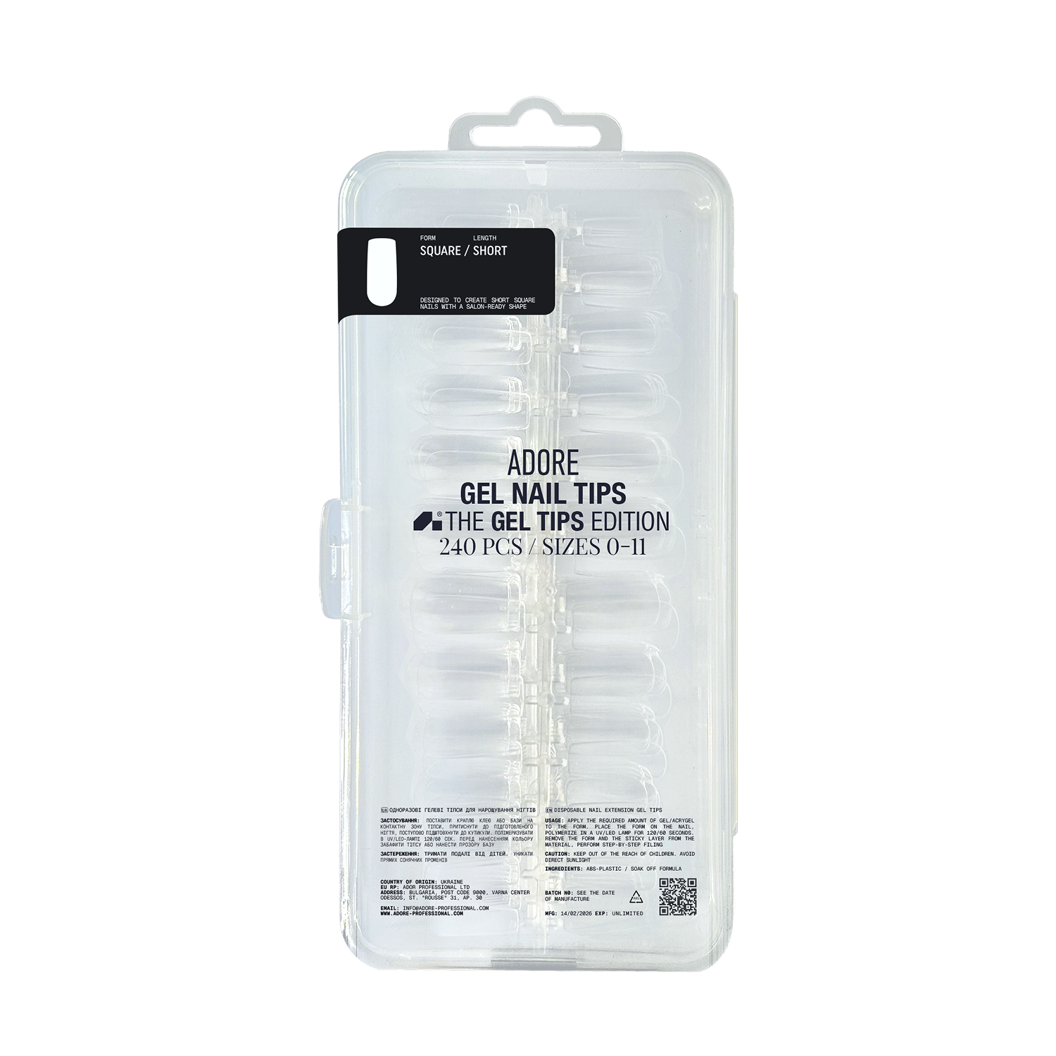 гелеві тіпси для нарощування нігтів ADORE PROFESSIONAL Gel Nail Tips 240шт - SQUARE | short
